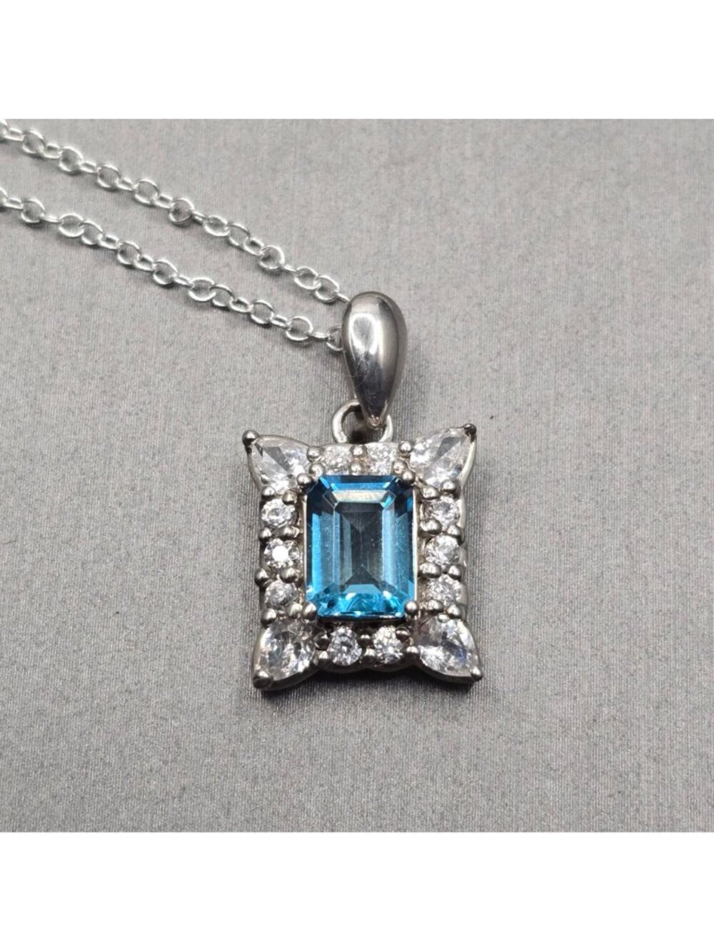 Edwardian Revival Sterling Silver Blue Topaz Pendant Necklace Emerald Cut 925 - Picture 4 of 15
